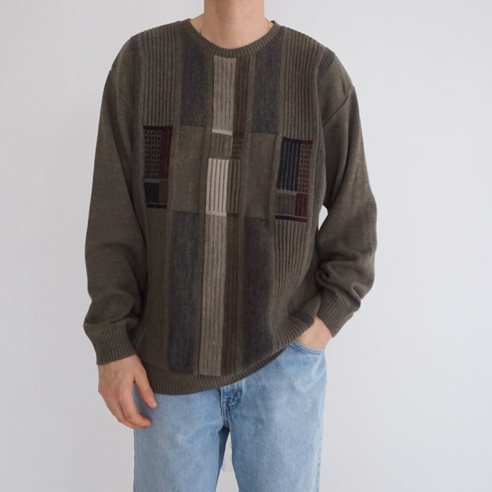 Vintage Tosani Taupe Wool Blend 3D Textured Colourblock Biggie Knit Sweater XL
